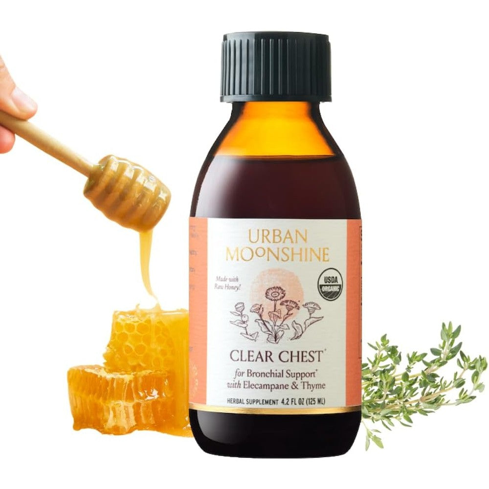 Urban Moonshine Clear Chest Syrup 4.2 fluid ounce bottle front view for organic respiratory health.