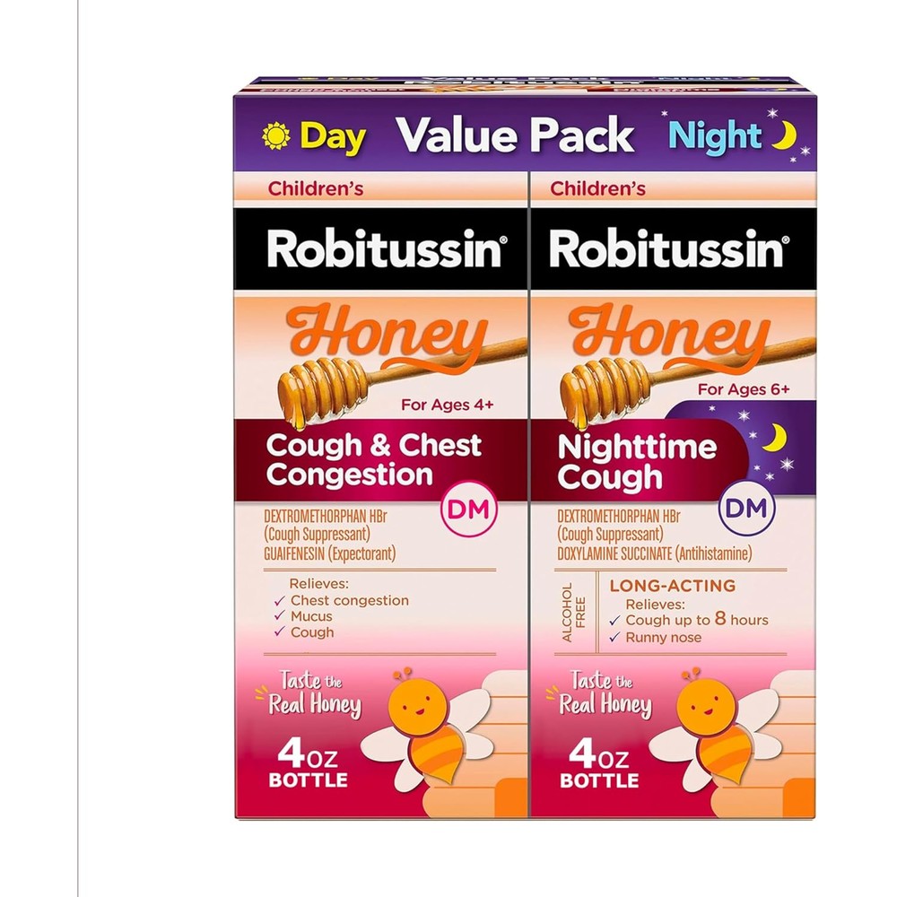 Robitussin Children's Honey Day and Night Value Pack front packaging showing two bottles