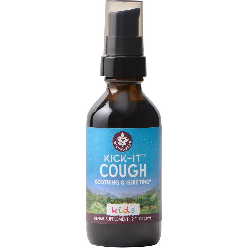 WishGarden Herbs Kick-It Cough for Kids two ounce bottle front view