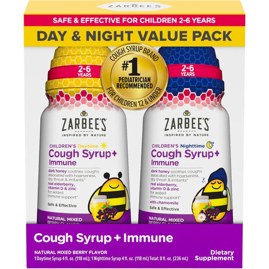 Zarbee's Children's Honey Cough Syrup Day and Night Value Pack front packaging showing two mixed berry bottles.