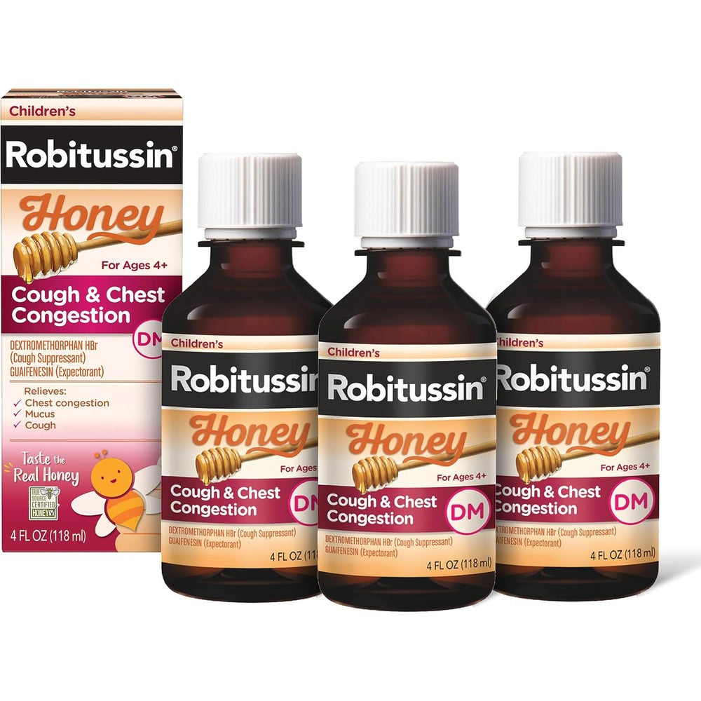 Robitussin Children's Honey Cough and Chest Congestion DM 3-pack front view for pediatric cough relief.