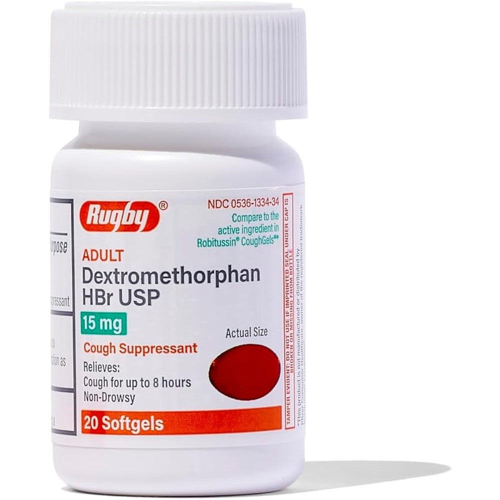 Rugby Adult Dextromethorphan HBr USP 15 mg front view pack of non drowsy cough suppressant softgels.