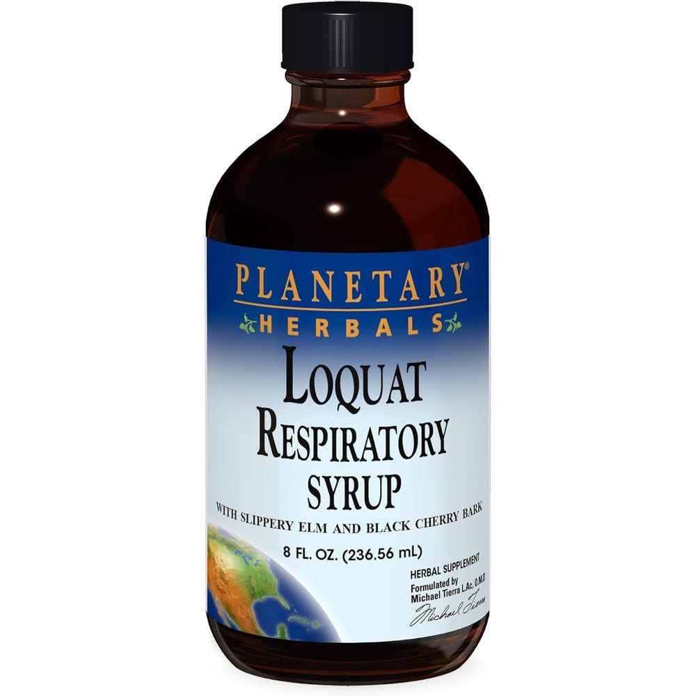 Planetary Herbals Loquat Respiratory Syrup 8 Fluid Ounce front view showing authentic imported health supplement package.