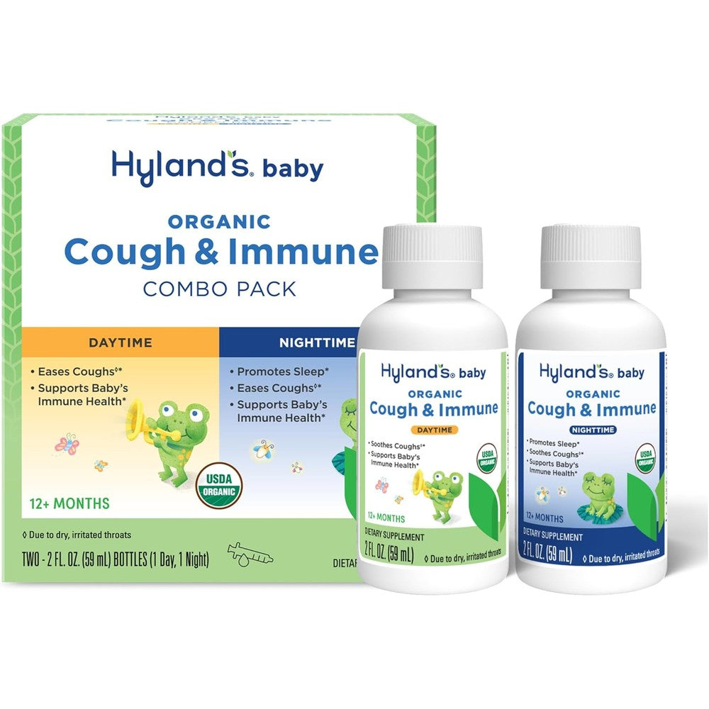 Hyland's Baby Organic Cough Syrup Day and Night Combo Pack front view packaging for infant immune support