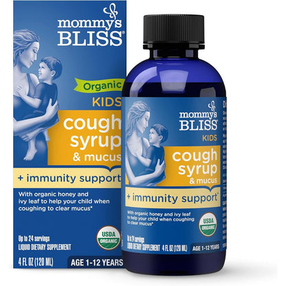 Mommy's Bliss Organic Kids Cough Syrup and Mucus Relief bottle with elderberry and zinc