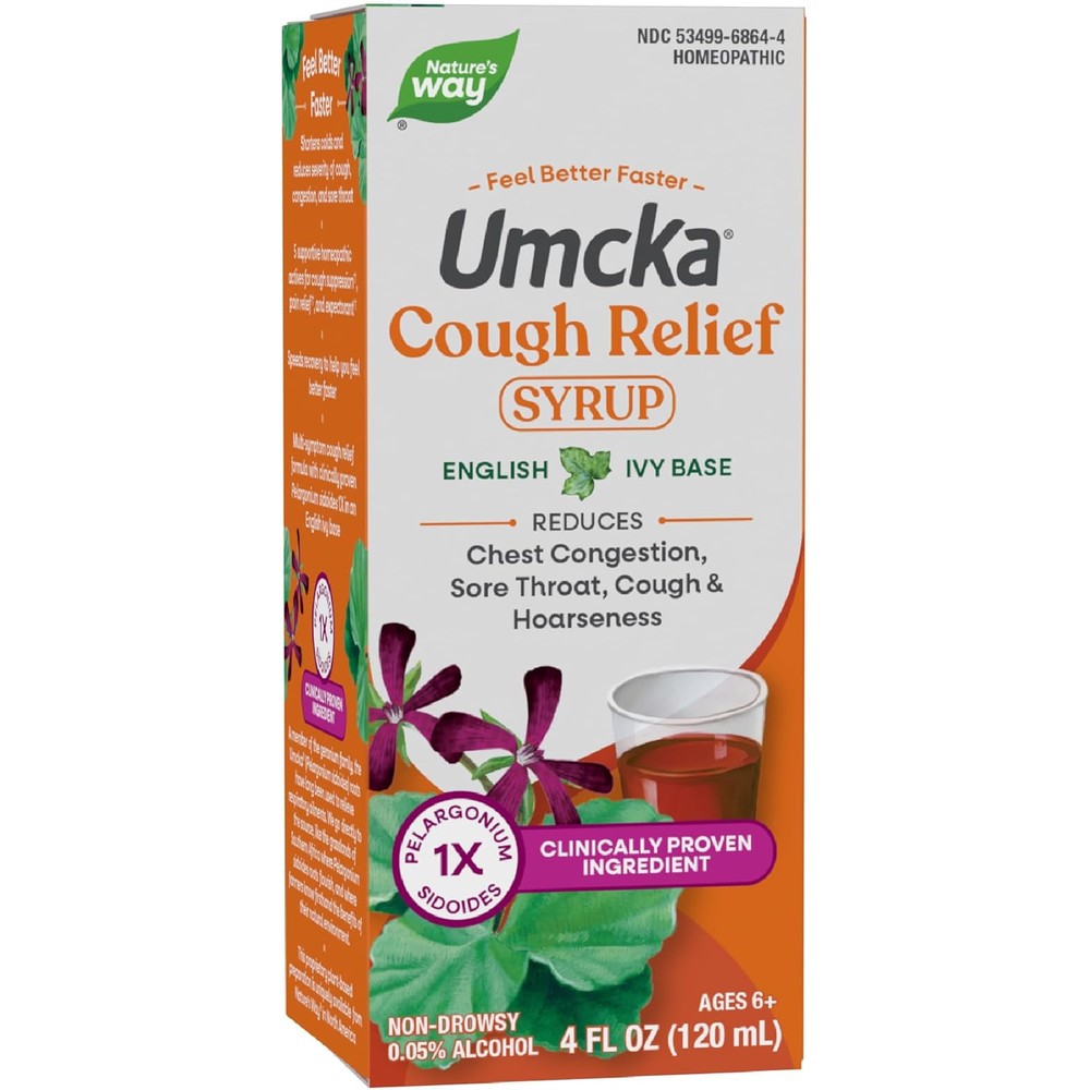 Nature's Way Umcka Cough Relief Syrup 4 Fluid Ounce front packaging bottle for natural cold recovery
