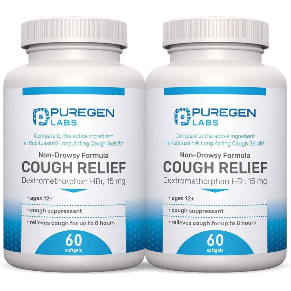 Puregen Labs Cough Relief for Adults front view bottle showing 15mg Dextromethorphan HBr capsules.
