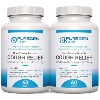 Puregen Labs Cough Relief for Adults front view bottle showing 15mg Dextromethorphan HBr capsules.