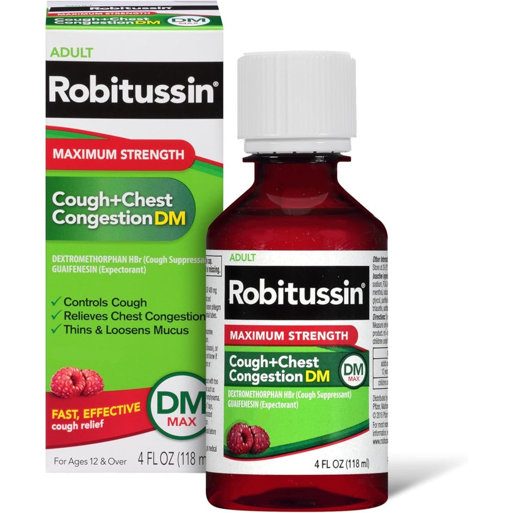 Robitussin Adult Maximum Strength Cough and Chest Congestion DM Max liquid syrup front view showing packaging details.