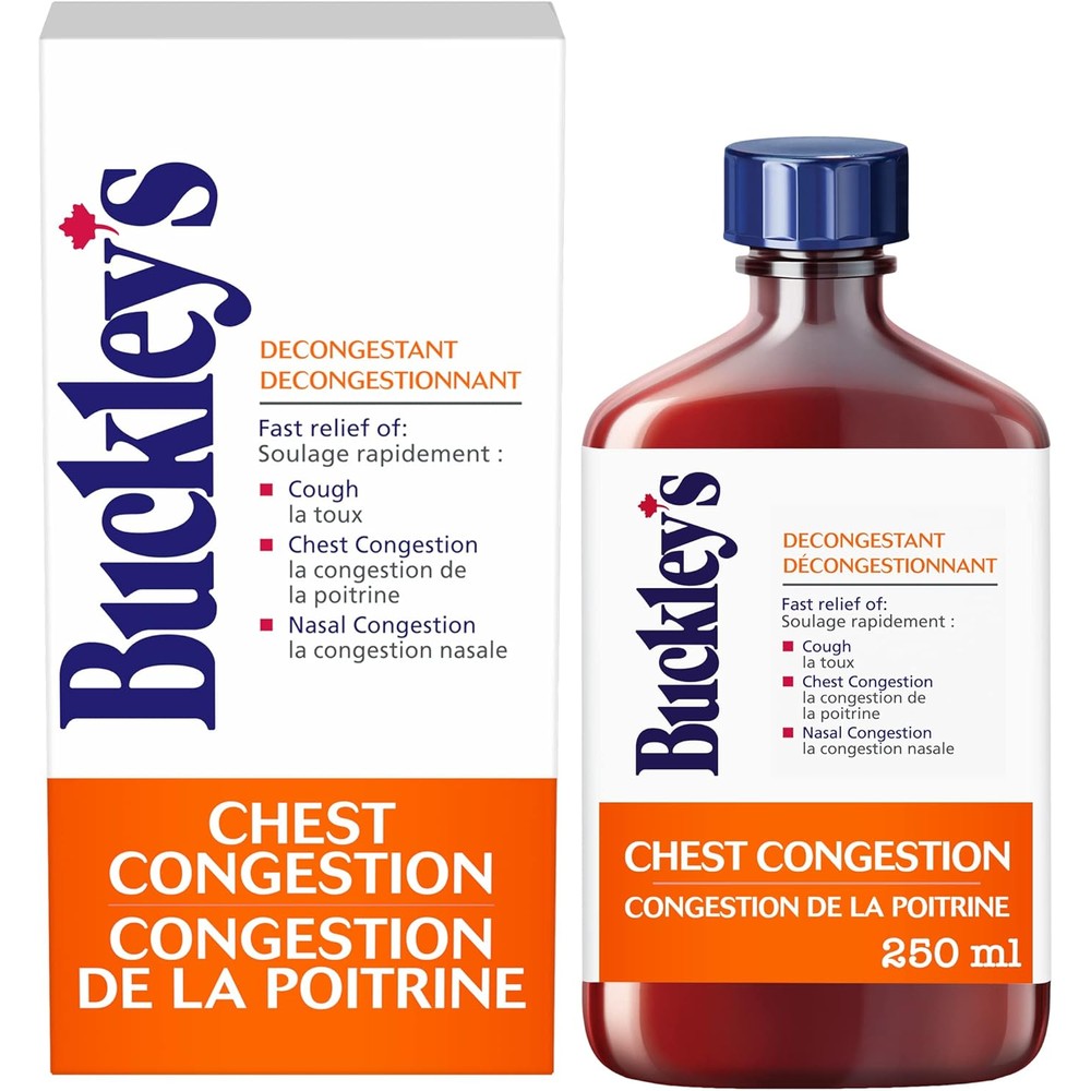 Buckley's Cough Chest Congestion 250 Milliliters bottle front view showing the brand logo and active ingredient highlights for authentic cold relief.