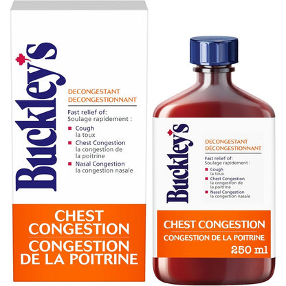 Buckley's Cough Chest Congestion 250 Milliliters bottle front view showing the brand logo and active ingredient highlights for authentic cold relief.