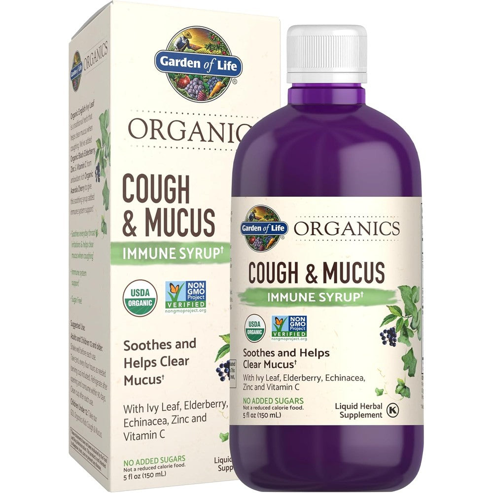 Garden of life organic elderberry zinc cough syrup bottle for immune support and mucus relief