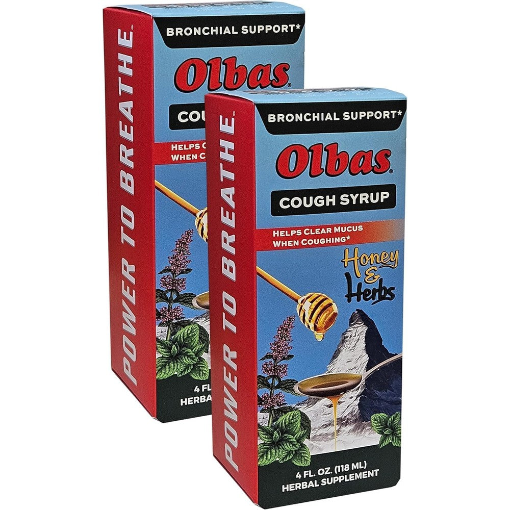 Olbas Herbal Cough Syrup front view showing honey and herbs formula packaging
