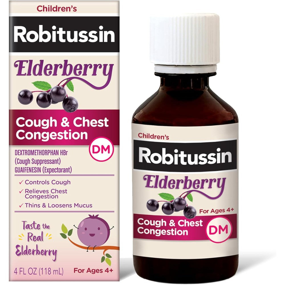 Robitussin Childrens Elderberry Cough and Chest Congestion DM medicine bottle front view