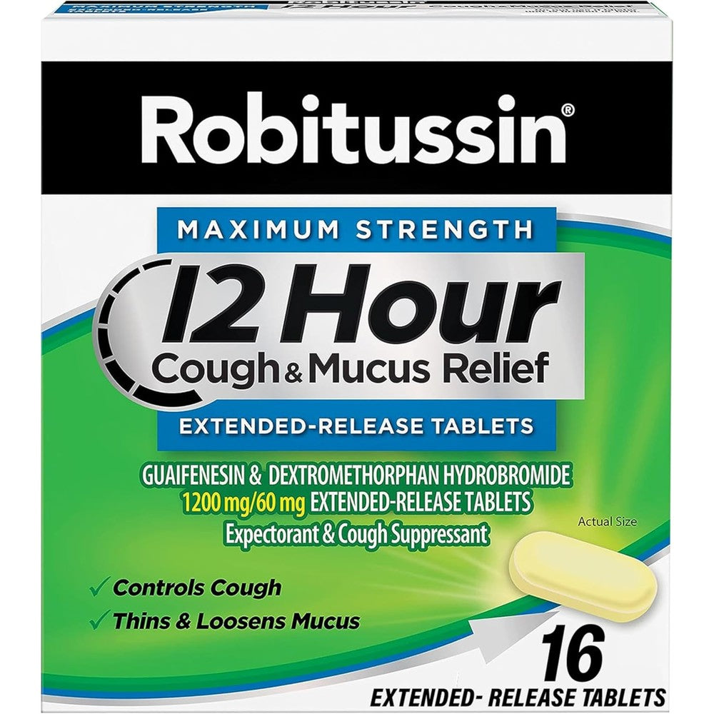 Robitussin Maximum Strength 12 Hour Cough and Mucus Relief 16 tablets front packaging view.