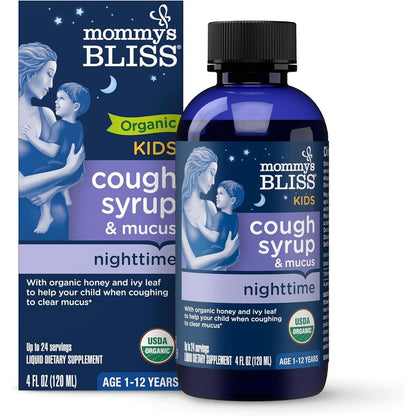 Mommy's Bliss Organic Kids Night Time Cough Syrup 4oz bottle for mucus relief