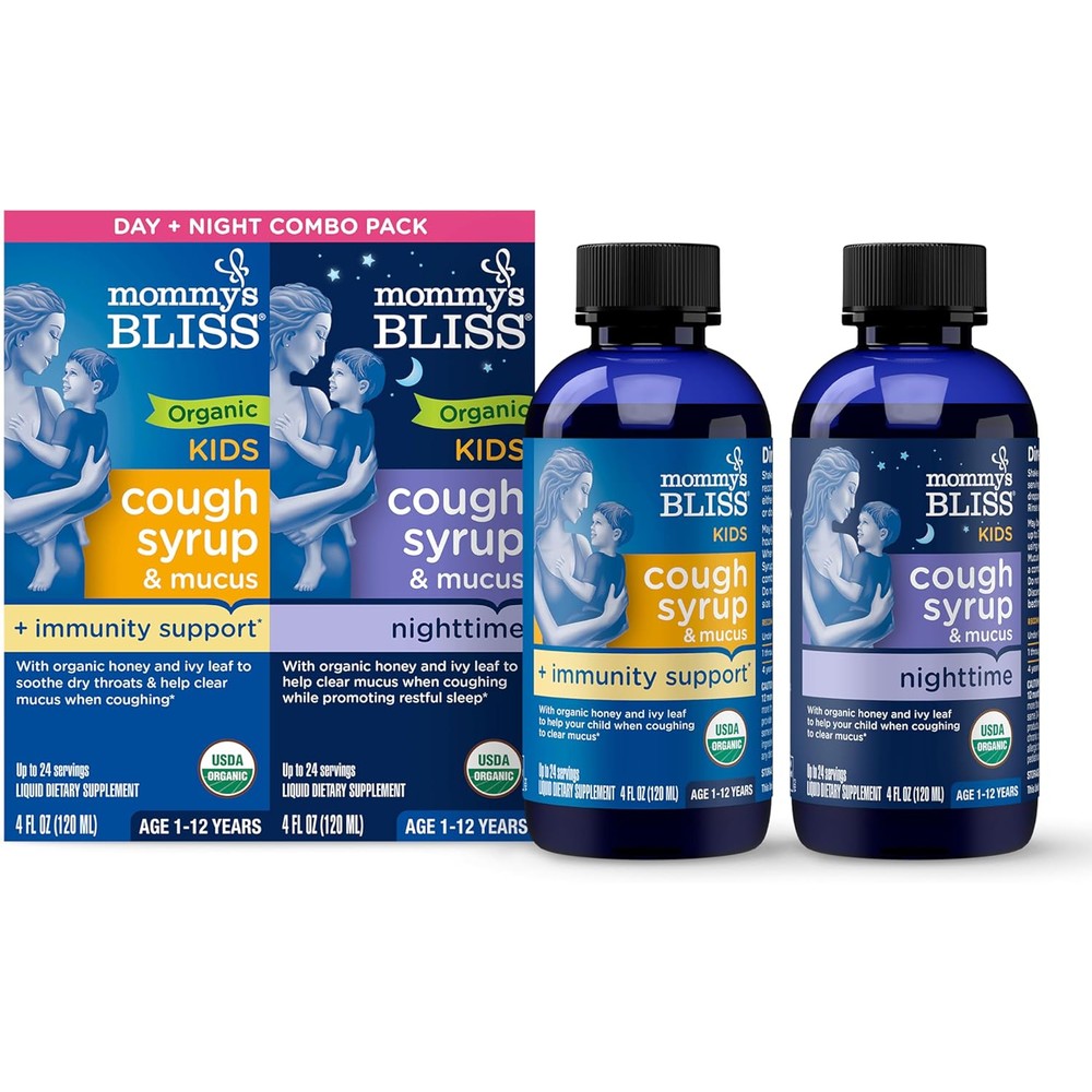 Mommy's Bliss Organic Kids Cough Syrup and Mucus Day and Night combo pack front view showing packaging for children.