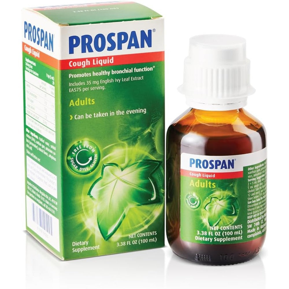 Prospan Abrilar Adult Cough Syrup 100 Milliliters front bottle view for natural mucus relief.