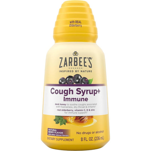 Zarbee's Naturals Complete Daytime Cough Syrup front view showing dark honey and elderberry packaging.