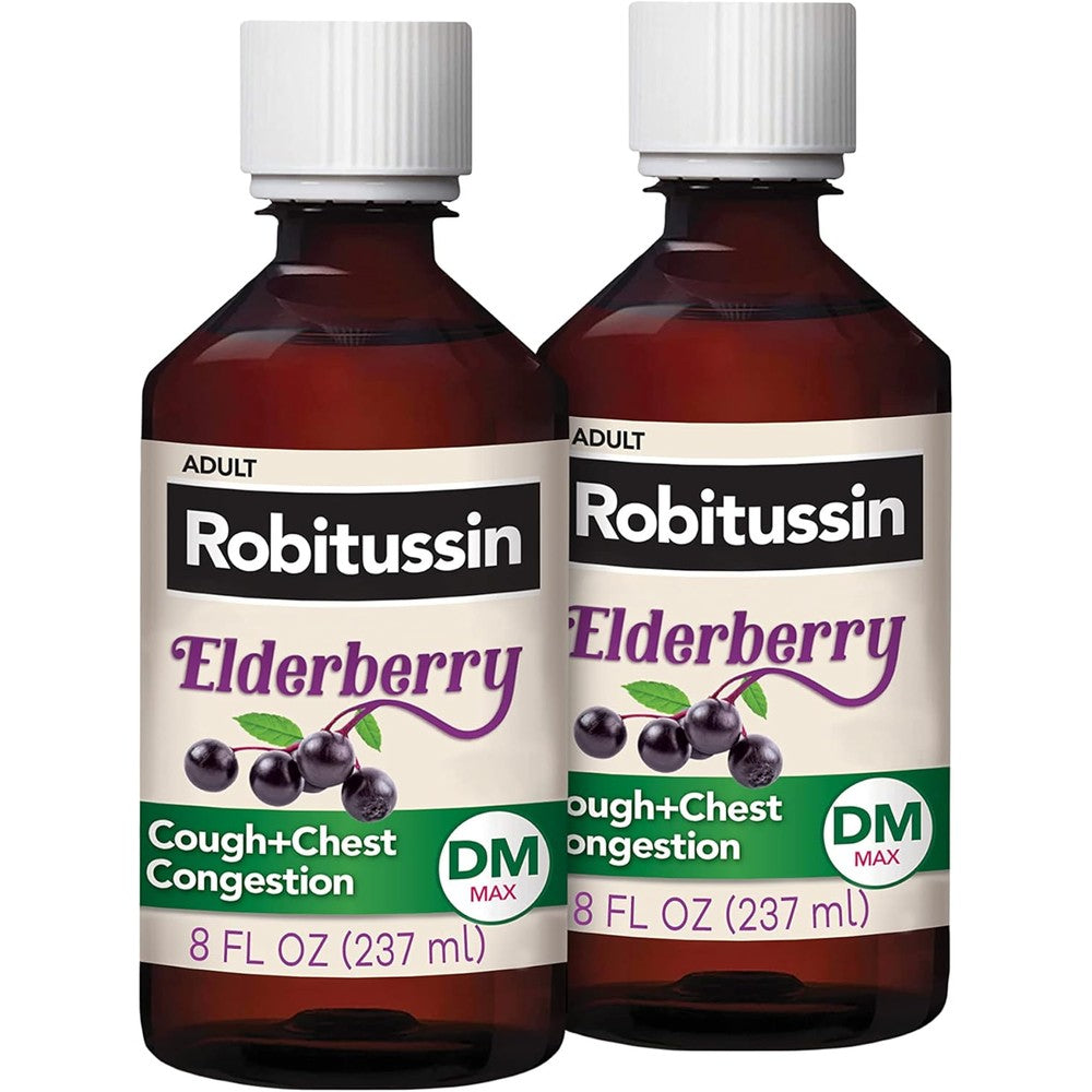 Robitussin Maximum Strength Elderberry Cough plus Chest Congestion DM two bottle pack front view