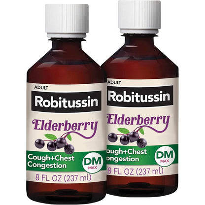 Robitussin Maximum Strength Elderberry Cough plus Chest Congestion DM two bottle pack front view