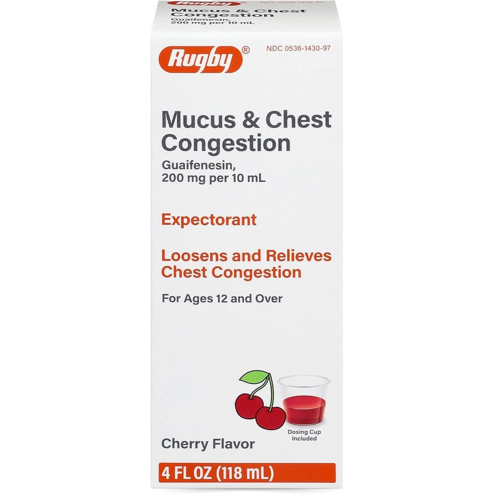Rugby Laboratories Mucus and Chest Congestion Cough Syrup front view showing original packaging.