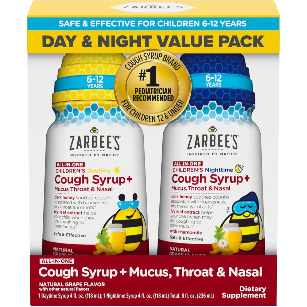 Zarbee's Children's All in One Honey Cough Syrup front packaging view showcasing daytime and nighttime bottles