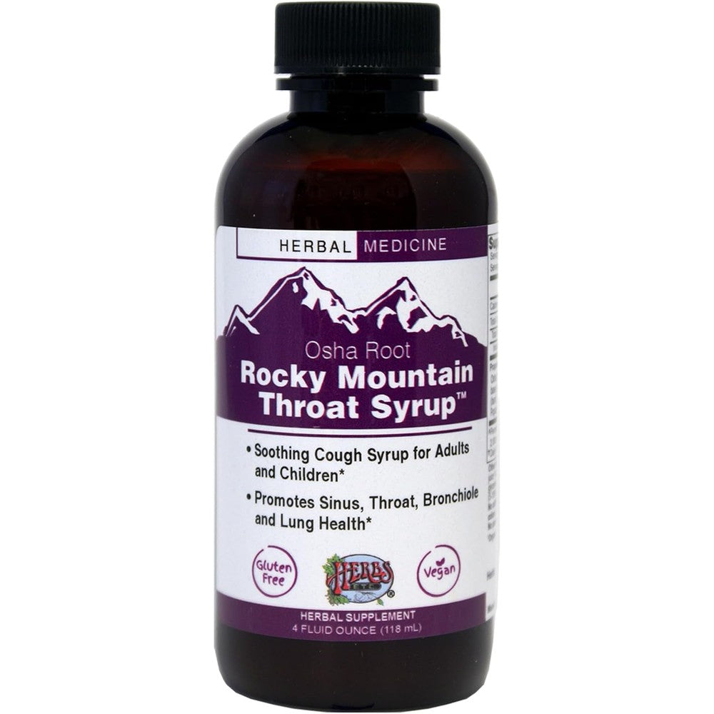 Herbs Etc. Rocky Mountain Throat Syrup four fluid ounce front bottle view for respiratory health