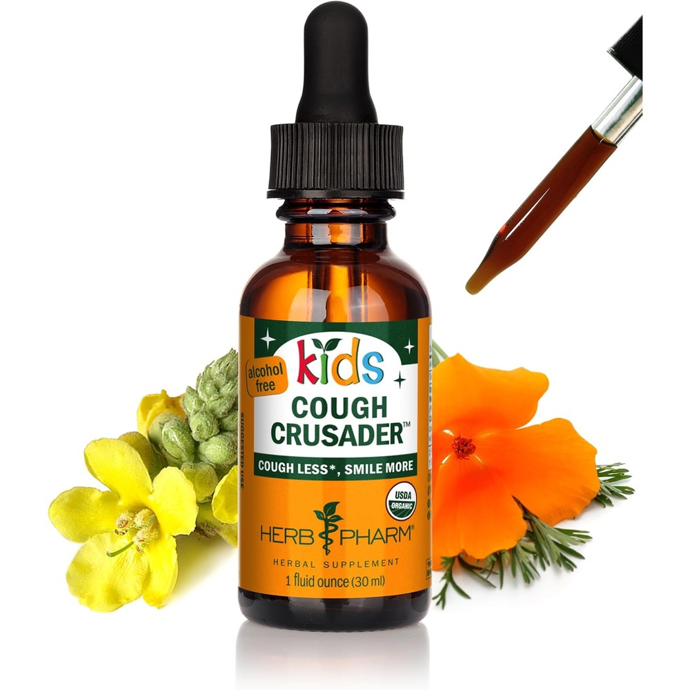 Herb Pharm Kids Cough Crusader liquid formula front view bottle
