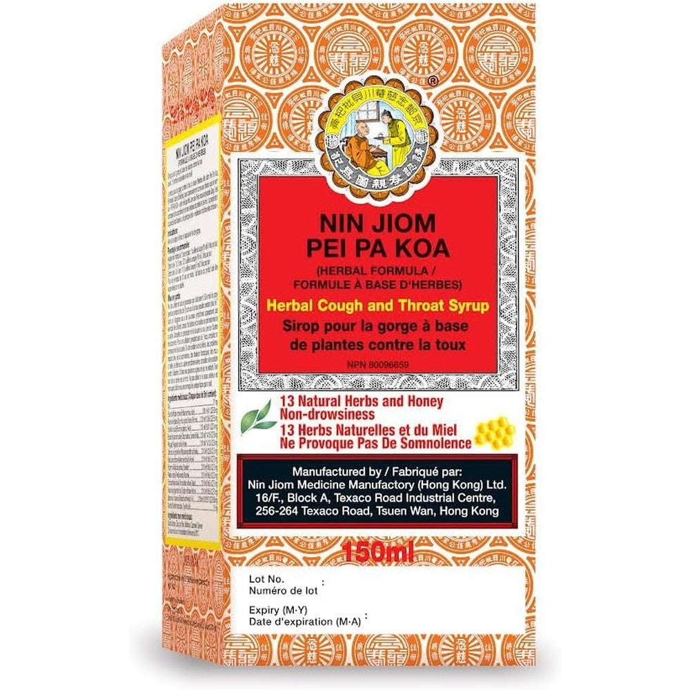 Nin Jiom Pei Pa Koa 150ml front view bottle of traditional natural herbal cough syrup