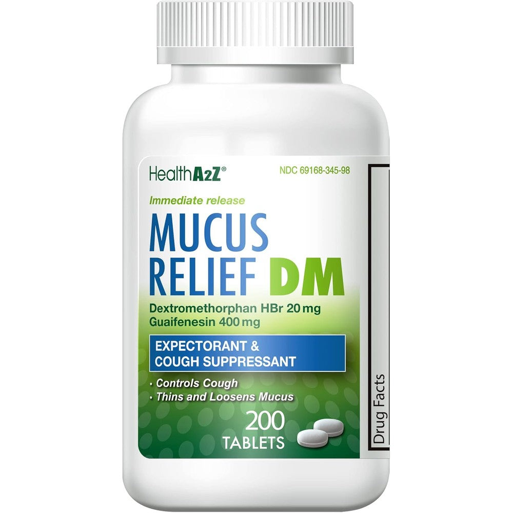 HealthA2Z Mucus Relief DM 200 uncoated tablets front view packaging for chest congestion relief