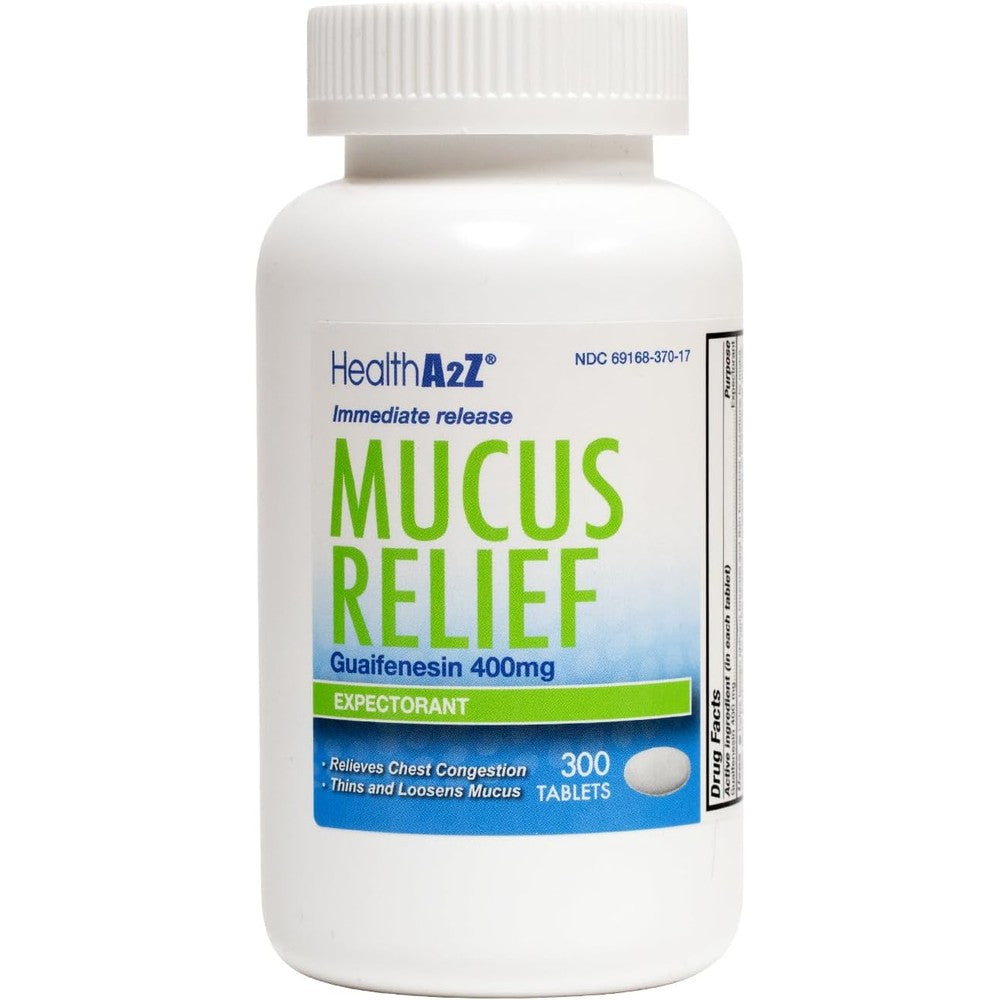 HealthA2Z Mucus Relief 400mg front bottle label showing chest congestion relief expectorant