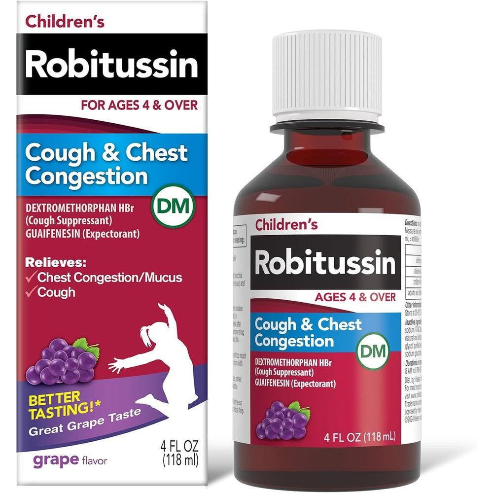 Robitussin Children's Cough and Chest Congestion DM grape flavor liquid medicine front packaging view