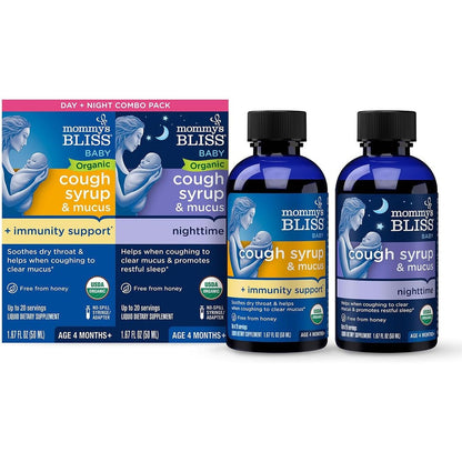 Mommy's Bliss Baby Organic Cough Syrup Day and Night Value Pack front packaging view for organic infant cough relief.