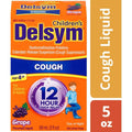 Delsym Children's 12 Hour Cough Relief Liquid front view packaging showing grape flavor info