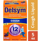 Delsym Children's 12 Hour Cough Relief Liquid front view packaging showing grape flavor info