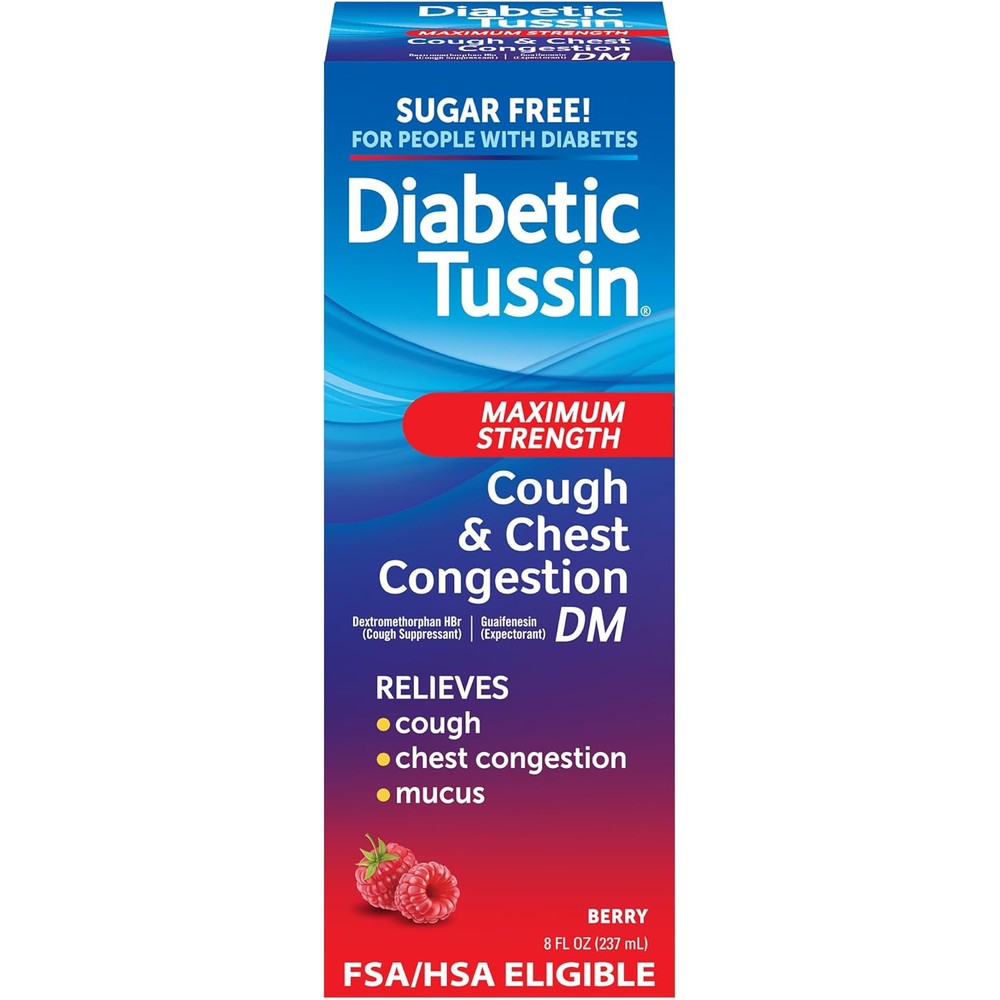 Diabetic Tussin DM Maximum Strength front view bottle for safe diabetic cough relief