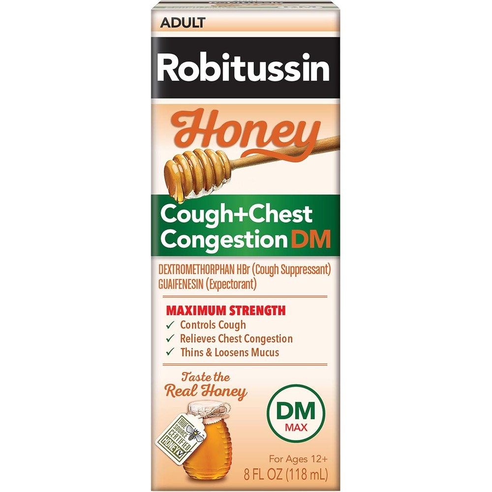 Robitussin Honey DM Max Cough Plus Chest Congestion 8 Fluid Ounce front bottle view