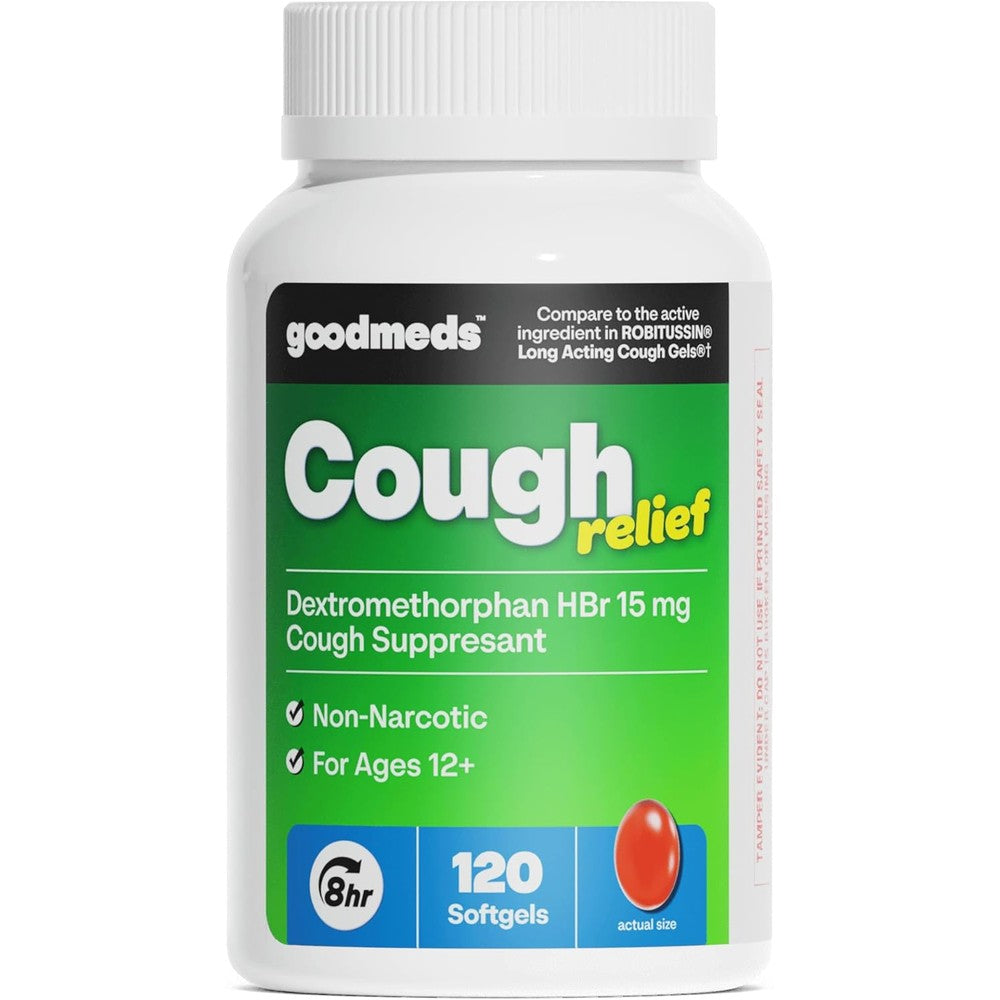 GoodMeds Cough Relief for Adults Softgels front packaging view showing non-drowsy dry cough relief features.