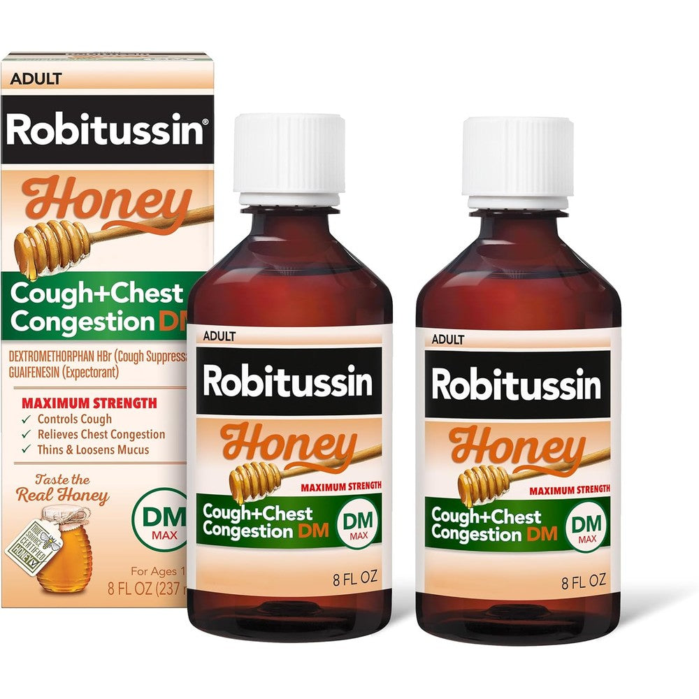 Robitussin Maximum Strength Honey Cough Plus Chest Congestion DM twin pack bottles front view