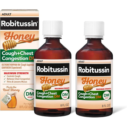 Robitussin Maximum Strength Honey Cough Plus Chest Congestion DM twin pack bottles front view