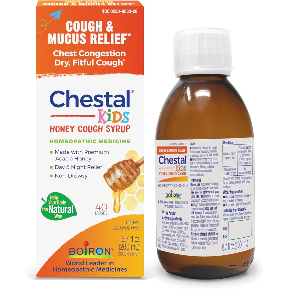 Boiron Chestal Honey Children's Cough Syrup front packaging bottle for natural kids cold relief