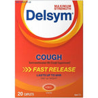 Delsym Maximum Strength Cough Suppressant 20 caplets front packaging view