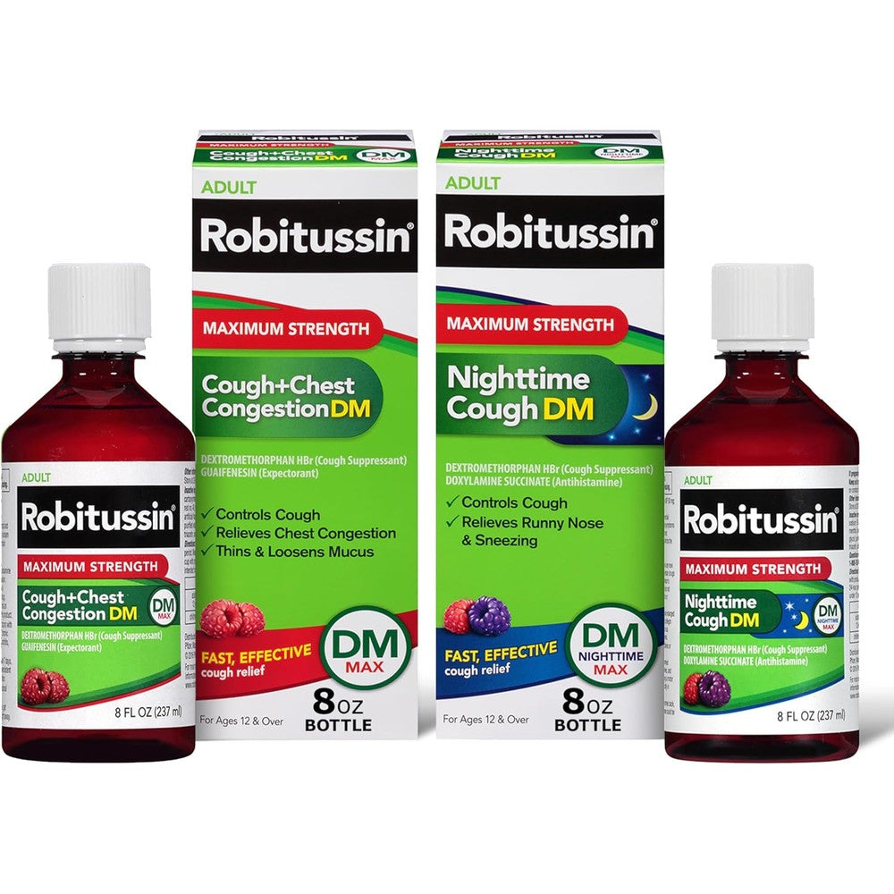 Robitussin Maximum Strength Adult Daytime and Nighttime Cough Liquid twin pack front view showing retail boxes.