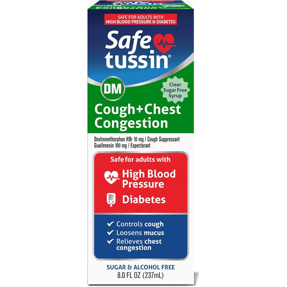 Safetussin DM Cough And Chest Congestion eight ounce bottle front view authentic USA imported expectorant syrup for chest congestion relief