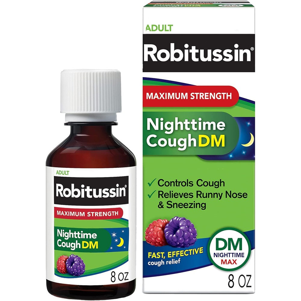 Robitussin Maximum Strength Nighttime Cough DM Max adult formula 8 fluid ounce bottle front view.