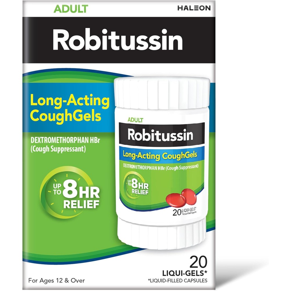 Robitussin 8 Hour Cough Liqui Gels Adult Formula 20 count front view packaging showing eight hour relief statement