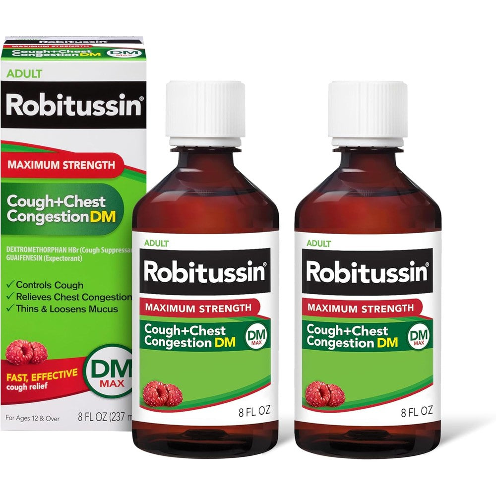 Robitussin Adult Maximum Strength Cough Plus Chest Congestion DM Max front view twin pack bottle