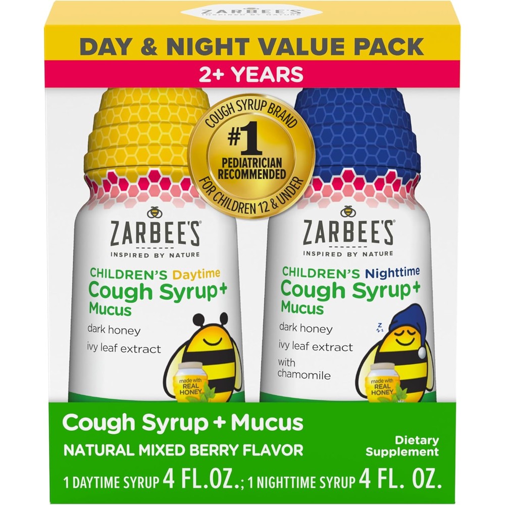 Zarbee's Children's Honey Cough Syrup Day & Night Value Pack front packaging highlighting the daytime and nighttime bottles.