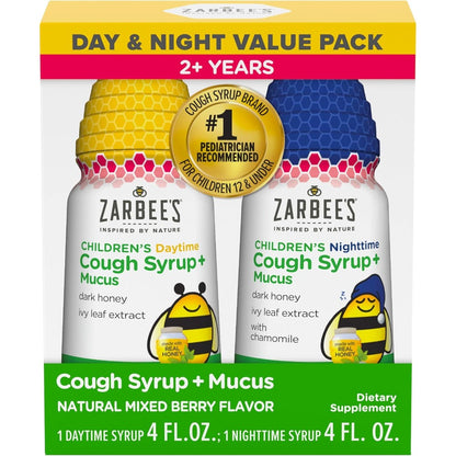 Zarbee's Children's Honey Cough Syrup Day & Night Value Pack front packaging highlighting the daytime and nighttime bottles.